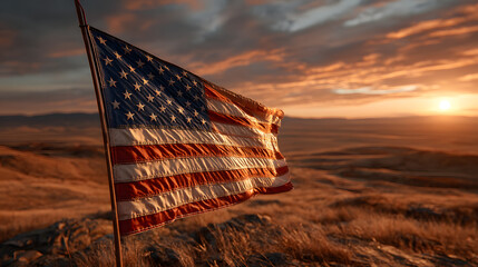 United States Flag at Sunrise Over Open Plains with Vibrant Sky