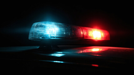 Emergency lights flash, casting a blue and red glow. Urgency in the dark, a call to action with powerful lights illuminating the way.