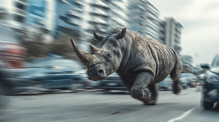 A rhino charges down an urban street, a powerful and unexpected sight amidst blurred cars and city buildings. An exhilarating spectacle.