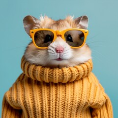 Cute Hamster Wearing Yellow Knitted Sweater and Sunglasses - Funny Stylish Pet Character Portrait on Blue Background