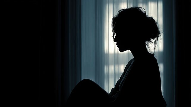 Silhouette Pensive Woman Contemplating in Dark Room near Window