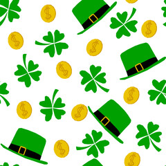 Vector seamless pattern with golden coins and hats St. Patrick Day