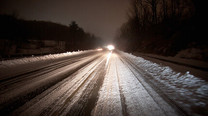 A snow-covered road at night is illuminated by the headlights of oncoming vehicles, adding a touch of magic to the quiet winter landscape.