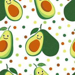 Vector seamless pattern with funny avocados on a polka dot background