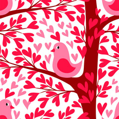 Vector seamless pattern with funny birds in a love forest