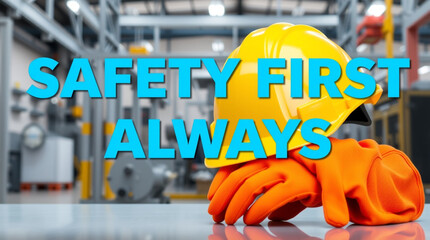 Safety gear on industrial table in factory setting
