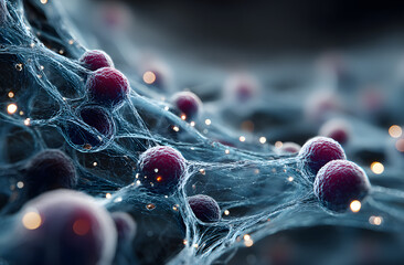 Molecular structure of collagen protein. Conceptual 3D render of cosmetic ingredient molecules. Science tech background illustration for beauty products. Abstract structure for science healthcare.