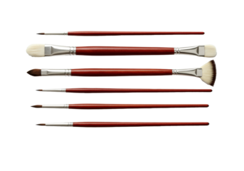 A set of six premium artist paintbrushes with wooden handles arranged in a row on a transparent background with copy space. Concept for art and creativity