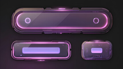 Liquid glass button interface, light frame banner set, glass panel set for mobile and web app, tech board frame in futuristic style. Light banner collection with glow effect, vector illustration.