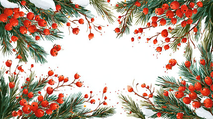 Festive frame with pine branches and bright red berries, perfect for holiday greetings and seasonal designs. Snowy touch, adding winter charm.