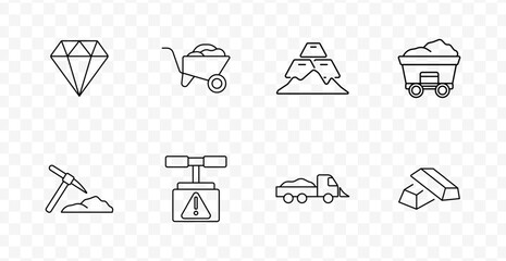 Mining and minerals set icon. Line icons showing diamond, wheelbarrow, gold bars, mining cart, pickaxe, weight scale, dump truck, and metal ingots © Anastasia