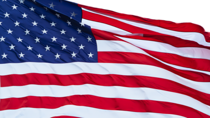 Waving American flag closeup with red white and blue colors flowing in the wind transparent background