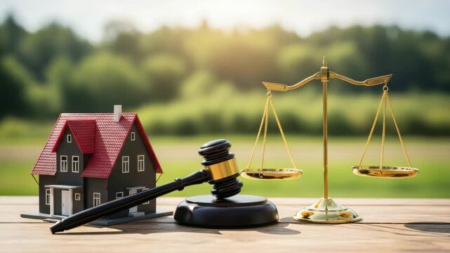 Property Law: Judge's Gavel and Scales of Justice Next to a Model House for Real Estate Decisions.