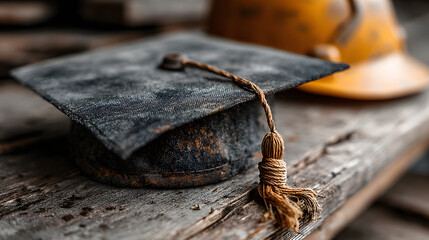 Education Meets Construction: a symbolic still life juxtaposing a graduation cap and hard hat. This image represents the educational journey toward a career in the building industry