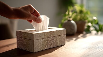 Hand reaching for a fresh white paper tissue from a decorative dispenser box, sitting on a wooden table with blurred green plants and a vase in the background, illuminated by natural sunlight