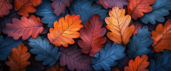 Autumn oak leaves background; fall foliage texture