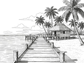 Black and White Tropical Beach Sketch with Palm Trees and Wooden Pier