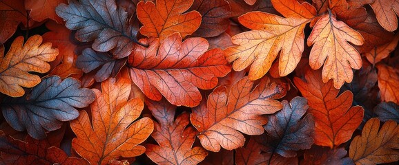 Autumn oak leaves background; fall foliage texture