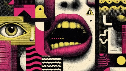 A collage of human features and architectural elements, layered with vibrant pinks, yellows, and blacks