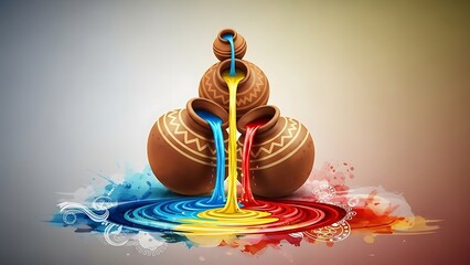 Clay Pots Pouring Colorful Liquids Creating Swirling Patterns stock