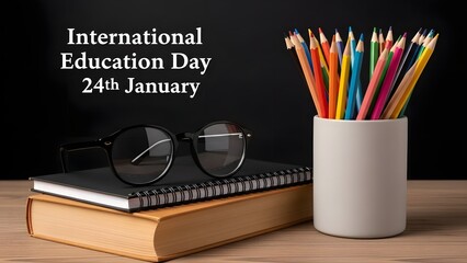 International education day with books and colored pencils