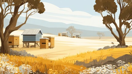 Honey Farm Banner Featuring Hives in a Rural Field With Natural Tones and Plenty of Space for Text or Brand Promotion