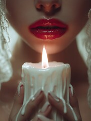 Femme aux l&egrave;vres rouges tenant d&eacute;licatement une bougie blanche allum&eacute;e