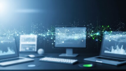 Modern technology desk with computers and glowing network connections