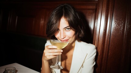 Femme &eacute;l&eacute;gante d&eacute;gustant un cocktail dans un bar au d&eacute;cor raffin&eacute;