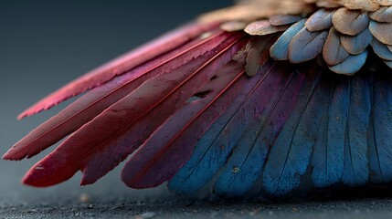 Aile color&eacute;e d'oiseau tropical aux plumes rouges et bleues &eacute;clatantes