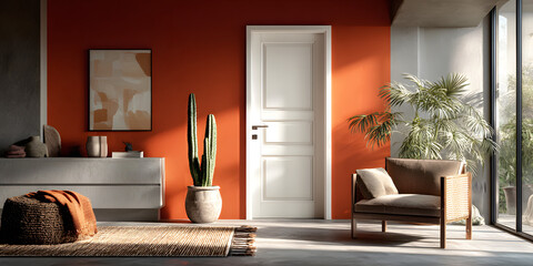 Modern interior design with a white classic door, orange wall, wicker cactus vase, and grey cabinet, ideal for contemporary living spaces