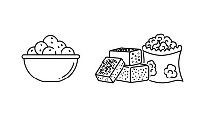 A bowl of potatoes and a selection of cheese and popcorn