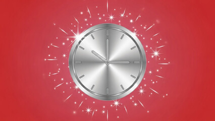 Silver clock with shiny face and sparkling stars on red background, festive countdown or deadline concept, luxury timepiece illustration with graphic