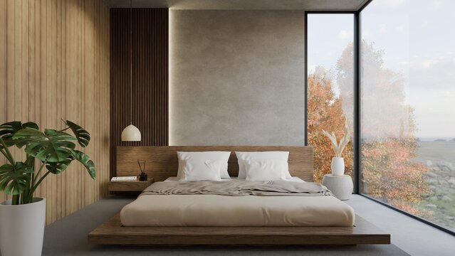 A modern bedroom features a low wooden platform bed, concrete wall, and a large window overlooking autumn trees, rendered as a minimalist 3D interior design.