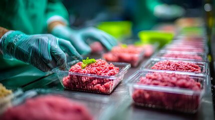 Macro view of freshly ground meat being portioned into clear plastic containers by gloved hands, soft green background enhances the visual contrast and freshness