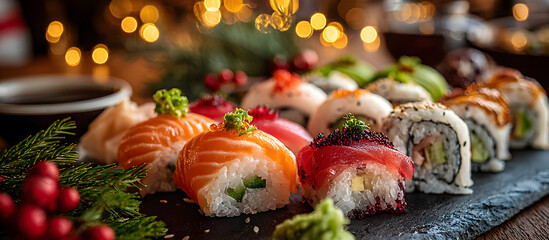 Japanese rolls and sushi on a festive table with Christmas decorations in the background