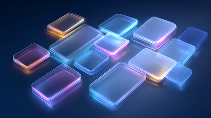 Liquid glass push stack, 3d light frame boxes on blue background. Transparent message boxes in modern futuristic style for web and mobile smartphone, vector illustration with light glow effect.