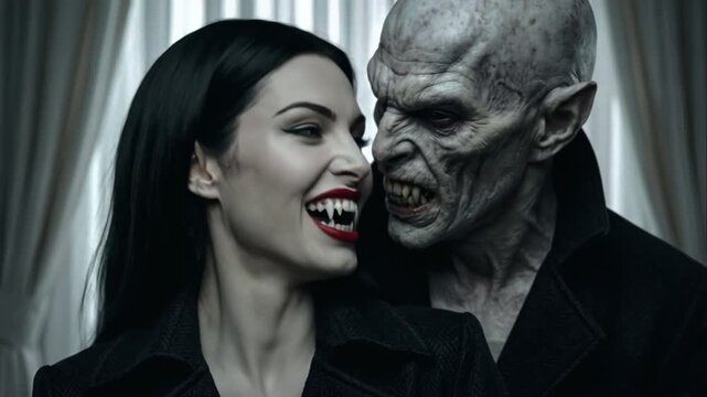 Dark Romance Vampire Couple Reveals Fangs in Close Up