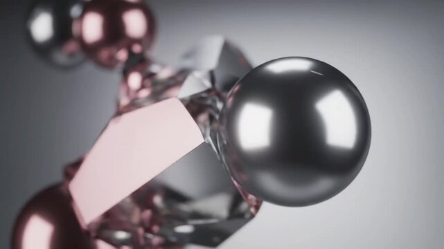 Captivating abstract design of a crystal molecule reflective structure, featuring shimmering metallic spheres and angular facets creating a futuristic visual