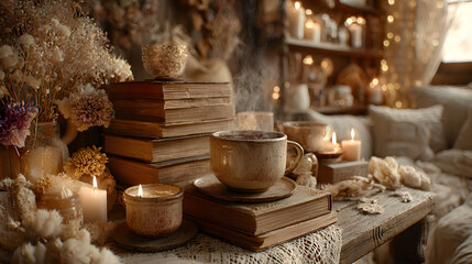 Soft textures and warm colors create a boho-inspired cozy design filled with mugs of steaming drinks, books stacked gracefully, and gentle light from flickering candles