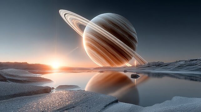 Dramatic Saturn Rising Over an Ethereal Alien Landscape, Showcasing Galactic Marvels and Rings - Powered by Adobe