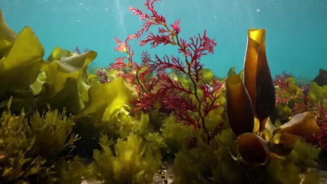 Dynamic shot of various types of marine algae, from delicate reds to robust browns, undulating gracefully in the rhythmic motion of clear ocean water.