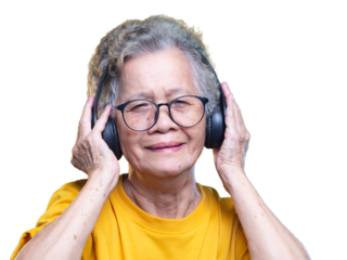 Senior Asian woman enjoying music with headphone portrait.