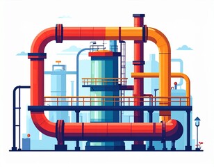 Industrial pipes and machinery in a factory setting viewed from the side