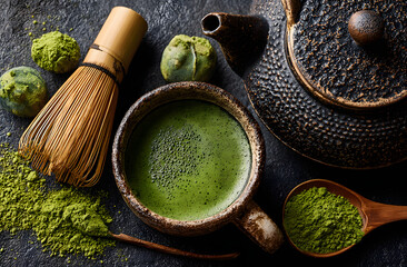 Matcha tea set on dark background from above. Green matcha powder with whisk, spoon, cup. Japanese beverage preparation for relax time. Healthy lifestyle concept with tea ceremony accessories.