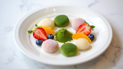 Delicious Japanese style dessert plate with mochi strawberries and blueberries on marble table