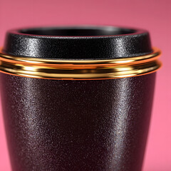 Black Metallic Cup with Golden Reflection on Pink Background