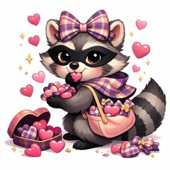 Sweet raccoon with plaid bows shares a basket of heart-shaped gifts, radiating charm. Ideal for Valentine's Day ads or kids' party invites.