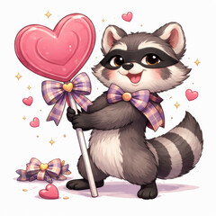 Happy raccoon holds a giant heart lollipop with a plaid bow, full of charm and sweetness. Great for Valentine's promos or candy shop branding.
