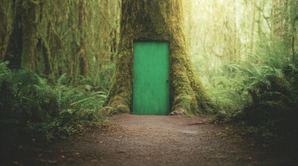 Unique green door in the middle of a forest with tall trees and lush plants